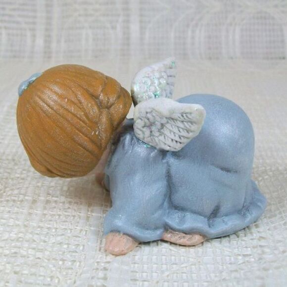 Handmade Ceramic Angel Figurine In Blue, Playing Cute Angel Statue, Baptism Gift - Picture 3 of 8